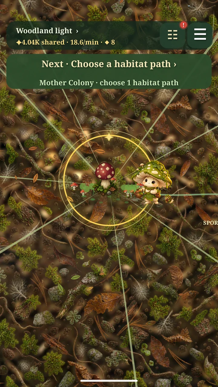 Fungi Forest gameplay showing a mushroom colony and its connections on the forest floor