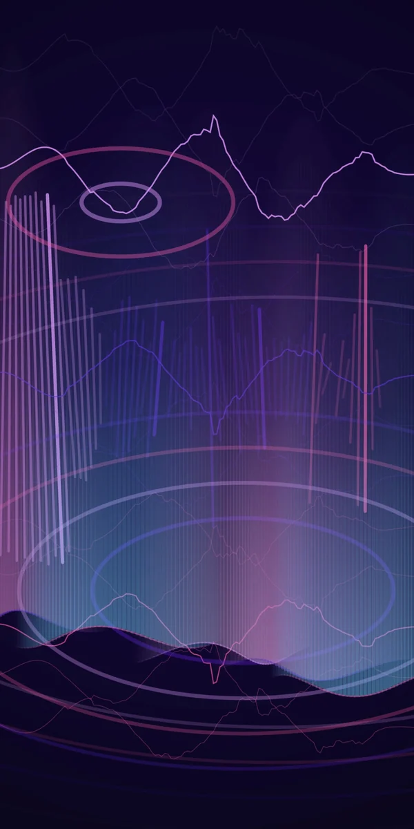PulseBloom app capture showing violet waveforms, rings and flowing colour