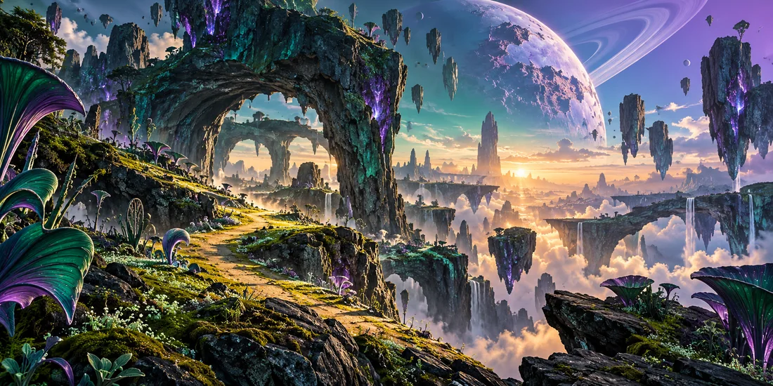 Exploratory alien environment concept with rock arches, strange plants and a distant ringed planet; no creature design