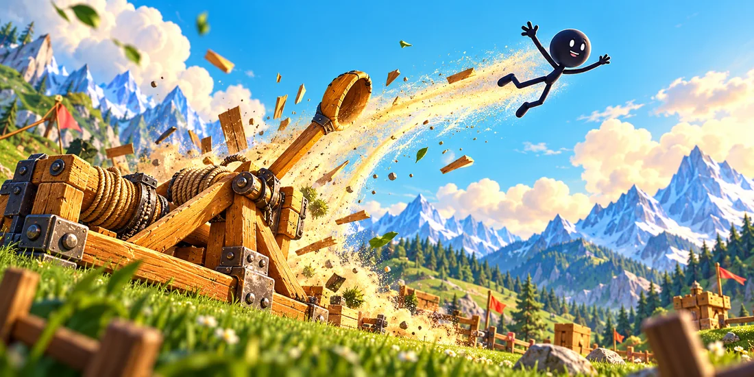 Promotional illustration of the navy Fact or Fly stickperson launched from a wooden catapult
