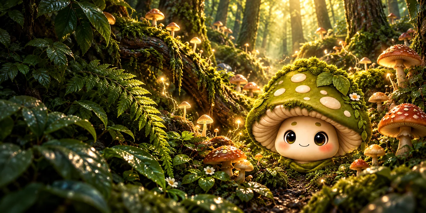 Promotional woodland illustration of the Fungi mascot among ferns, mushrooms and glowing roots