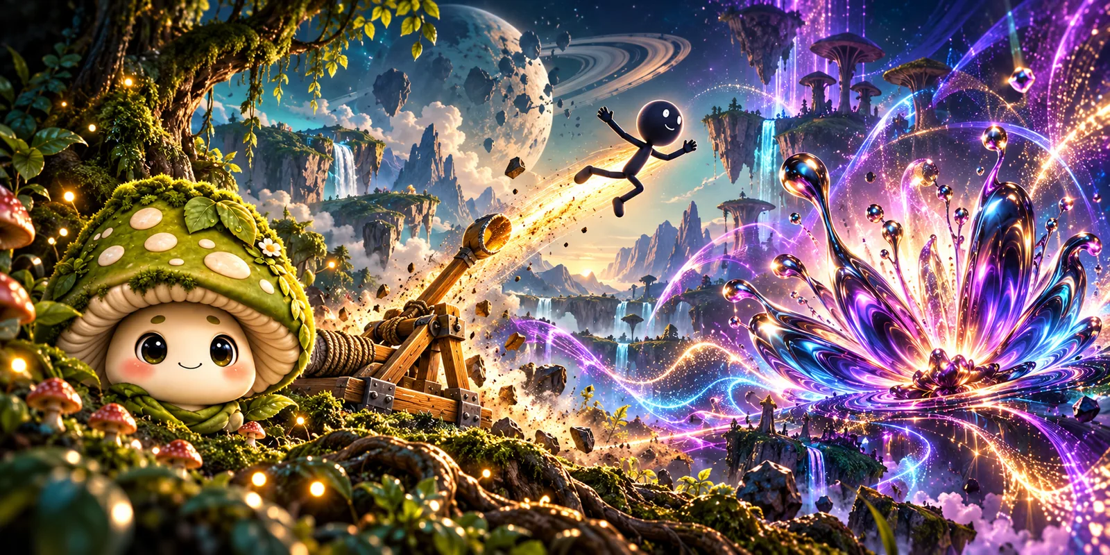 Rendered studio-world promotional collage: the Fungi mushroom mascot, a Fact or Fly catapult flight, liquid sound and an alien landscape